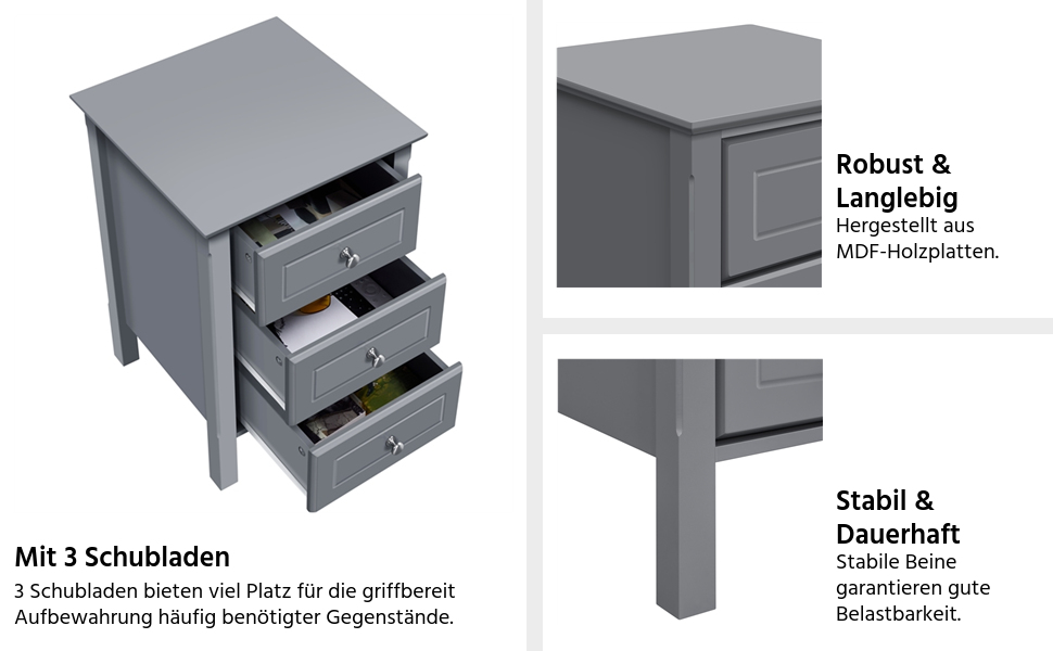 Приліжкова тумбочка Yaheetech, тумбочка, приліжкова консоль для пружинного блоку, тумбочка, журнальний столик, журнальний столик з 3 висувними ящиками, висота 60 см, (темно-сірий)
