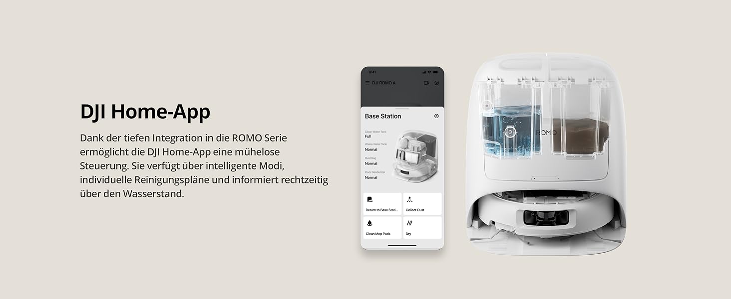 Робот-пилосос DJI ROMO S з функцією миття підлоги, 25 000 Па потужність всмоктування, розпізнавання перешкод рівня дрона, два робочі руки, 200 днів без обслуговування, автоматичне очищення та сушіння моп-насадки (DJI ROMO A (версія з баком для води))