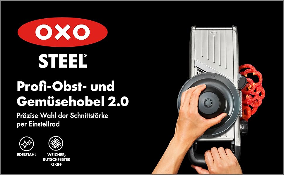 OXO Good Grips Професійний овочефруктрізак 2.0 з лезами з японської сталі, сірий, для кухні, Chef's (одинарний, нержавіюча сталь)