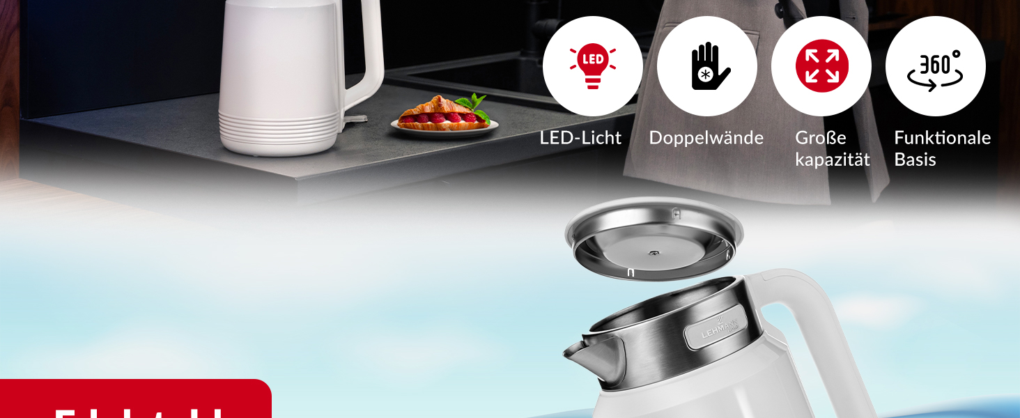 Електричний чайник Lehmann Edelstahl 2L, 2200W з подвійними стінками, автоматичним відключенням та захистом від перегріву, BPA-free, для великих сімей та офісів (Білий)