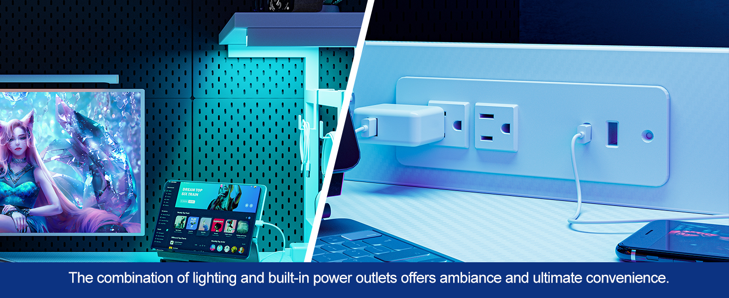 Ігровий стіл Grandder 120 см з розеткою та LED-підсвіткою, білий. Комп'ютерний стіл з регульованими полицями та ящиком, для дому та офісу 120 x 50 см