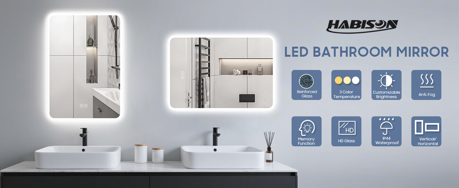 Дзеркало для ванної кімнати Habison з підсвічуванням LED, 50x70 см, сенсорне керування, регулювання кольору світла, пам'ять, протитуманне покриття, матове, без Bluetooth