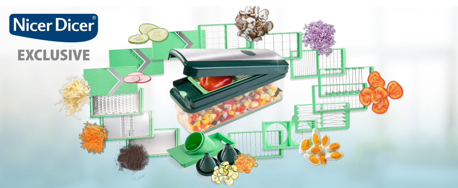 Набір для нарізки овочів Genius Nicer Dicer Exclusive 15 елементів, набір для нарізки кубиками + набір для нарізки помідорів, 4 насадки + груба тертка та шинковка, контейнер 2500 мл, зелений