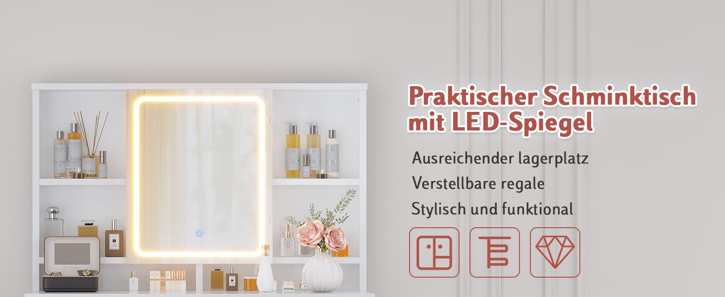 Трюмо JUMMICO з LED-підсвічуванням, дзеркалом та гачками для прикрас, 2 шухляди, 4 відкриті полиці, білий колір