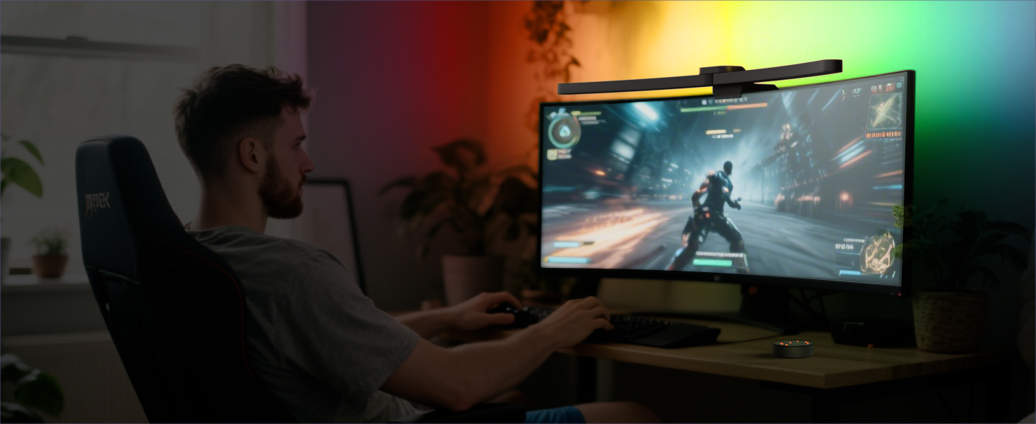 Quntis LED лампа для монітора 66 см з RGB підсвічуванням та пультом дистанційного керування, регульована, з автодиммуванням, захистом від синього світла, без мерехтіння, для геймінгу