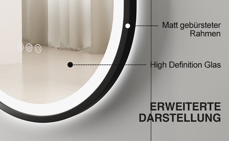 Круглий LED-дзеркало для ванної кімнати ChillCruiser 50 см з чорною рамою, антизапар, 3 кольори, функція Memory