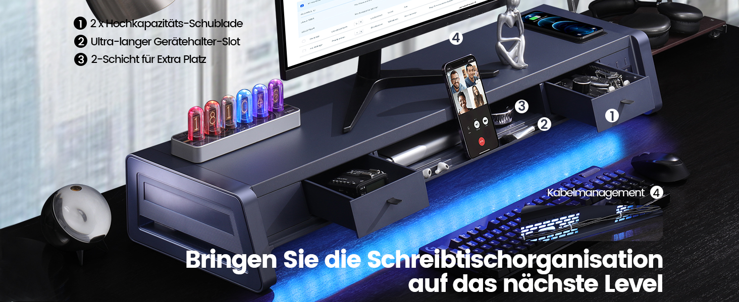 Підставка для двох моніторів VAYDEER з USB-хабом, підставкою для телефону, шухлядою та органайзером для кабелів, 4 режими LED-підсвічування, біла, витримує до 50 кг
