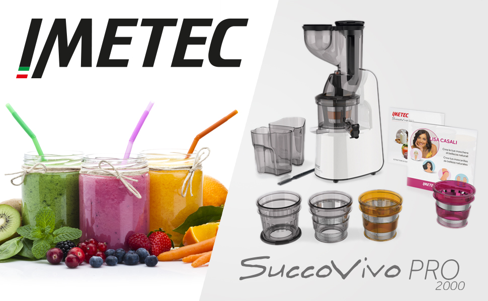 Професійний холодний соковитискач Imetec Succovivo Pro 2000 з повільною пресою, 48 обертів/хв, 2 фільтри, аксесуари для граніти та сорбеті, набір для косметичних масок, чорний