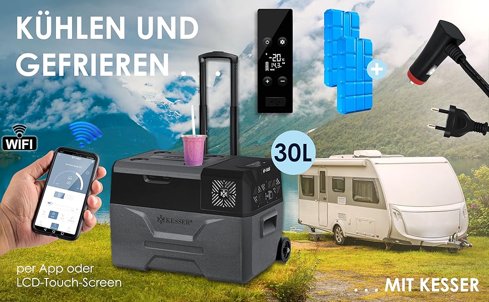 Електрична термохолодильник KESSER® Kompressor на 30 літрів (-20°C) з APP-керуванням, USB, 12/24/230V, телескопічною штангою, акумуляторами, колесами для авто, вантажівки, човна