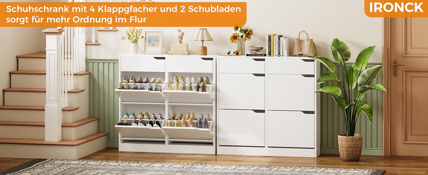 Шкаф для взуття IRONCK з 4 дверцятами, вузький, з 2 висувними ящиками, окремо розташований, з регульованими перегородками, для передпокою, входу та вітальні (Білий) 100*23.5*98 см, Білий