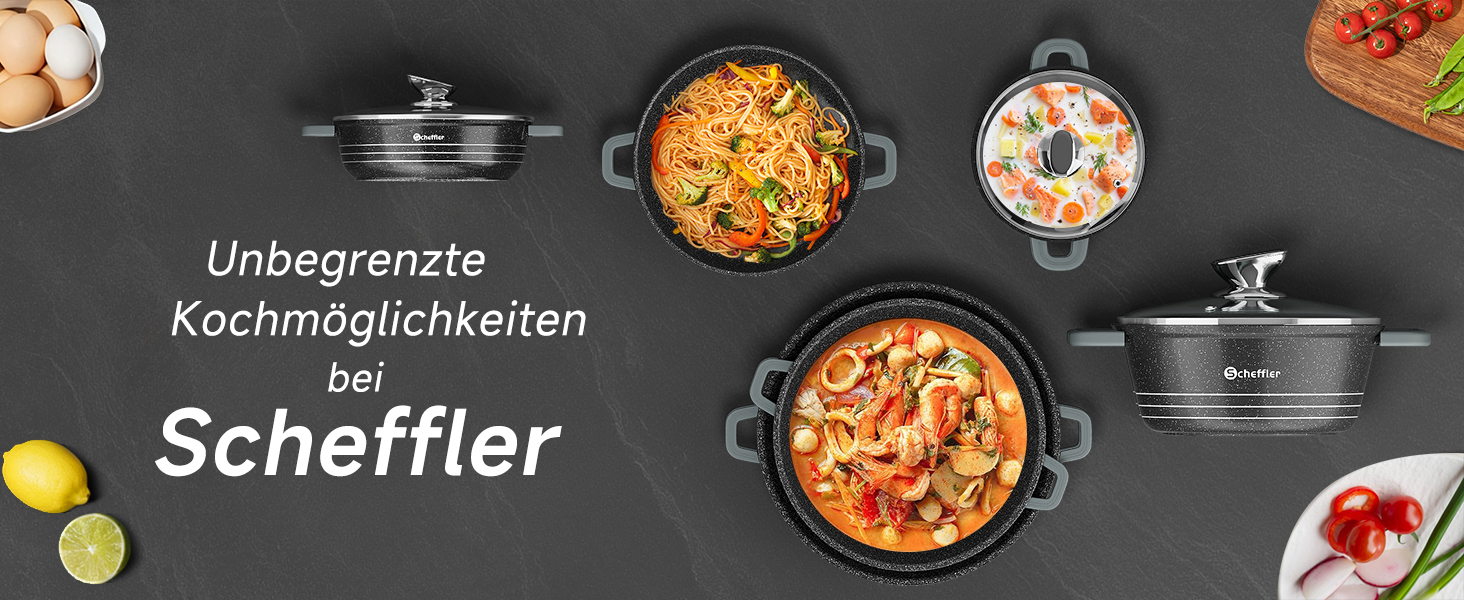 Набір каструль Topfset Scheffler 24 см (4л), 28 см (6л), 32 см (10л), 36 см (14л) з кришками, індукційні, з антипригарним покриттям, для посудомийної машини
