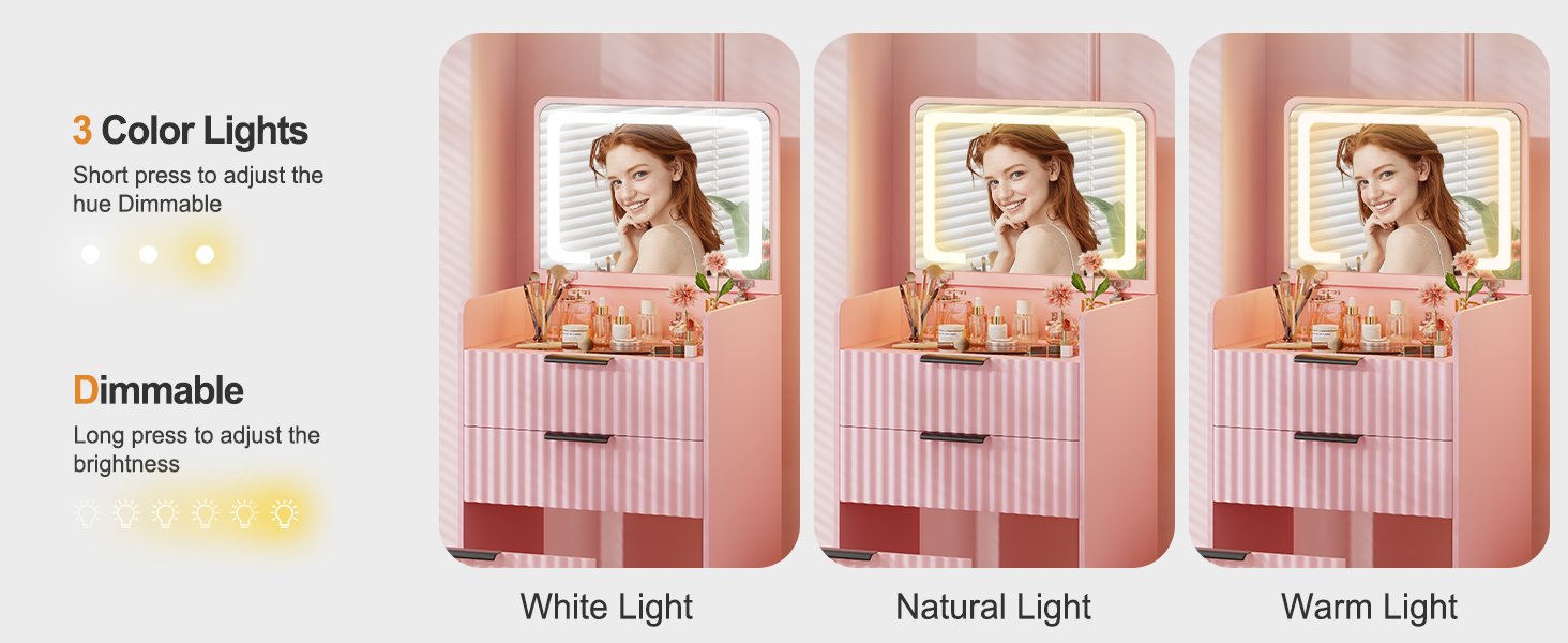 Трюмо Lvifur з LED-дзеркалом та 3 шухлядами, кутовий, для спальні, квартири, гуртожитку, білий (рожевий)