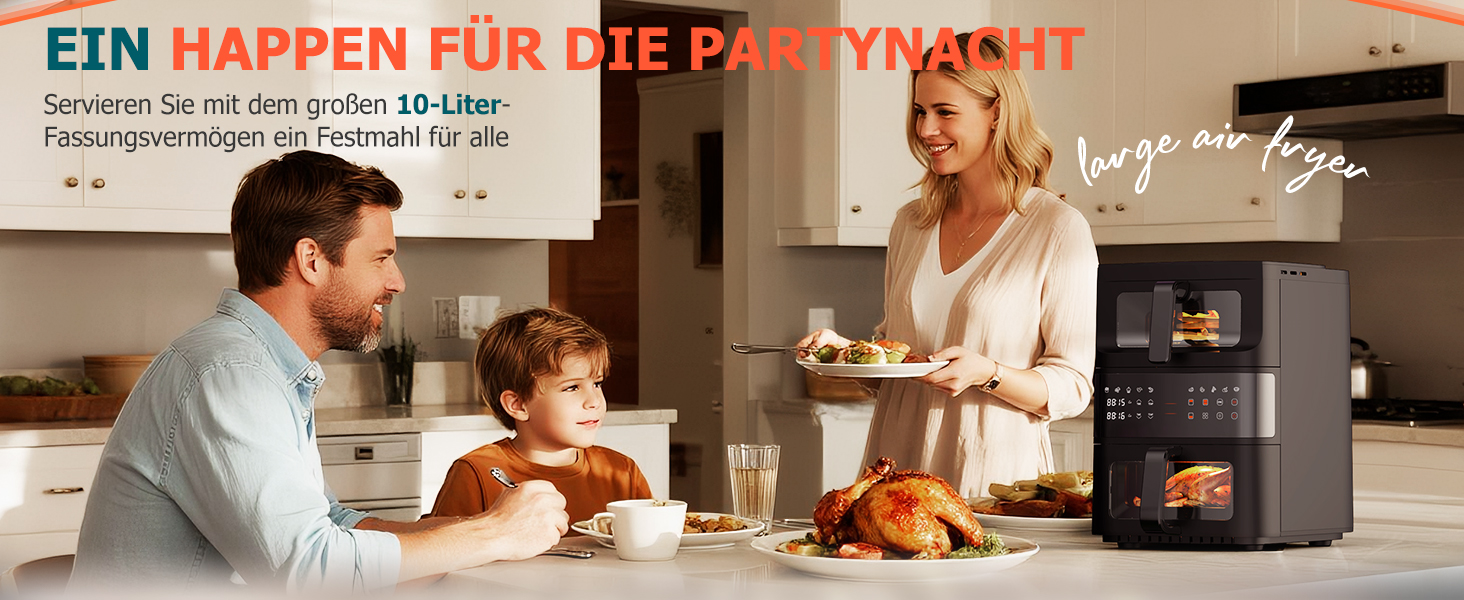 Фритюрниця без олії Heißluftfritteuse з подвійним набором камер 10л з оглядовим вікном, 10-в-1, сенсорне управління, таймер, економна, чорна 3.5л+6.5л