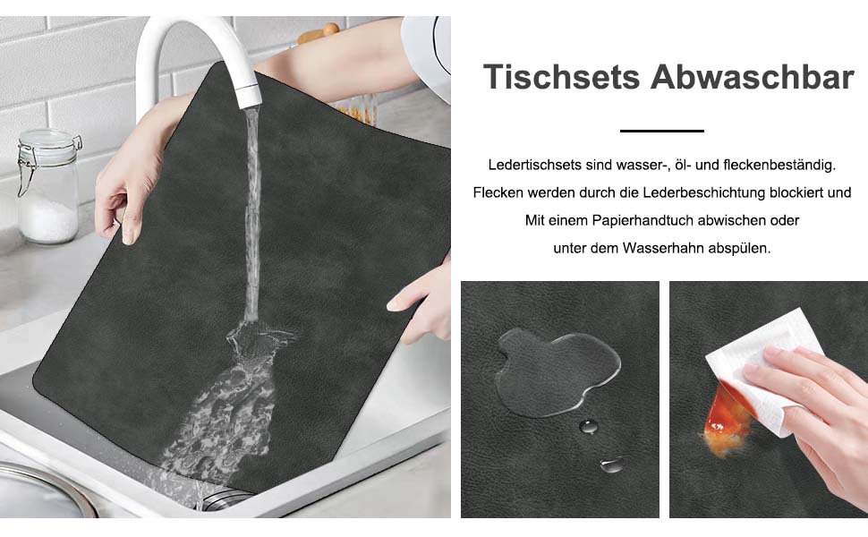 Підставки під гаряче та серветки під тарілку | Коричневе шкіряне покриття з м'якої шкіри, двосторонні, неслизькі, стійкі до подряпин | Підставки під тарілку для дітей, миючіся, термостійкі | для обіднього столу, кухні, квартири | Зелений та сірий колір (набір 6 шт., сірий, чорний)