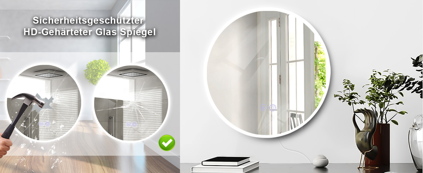 Дзеркало для ванної кімнати кругле LED з підсвічуванням 60 см, IP44. Кругле дзеркало з LED підсвічуванням для ванної кімнати, сенсорне керування, 60x60 см