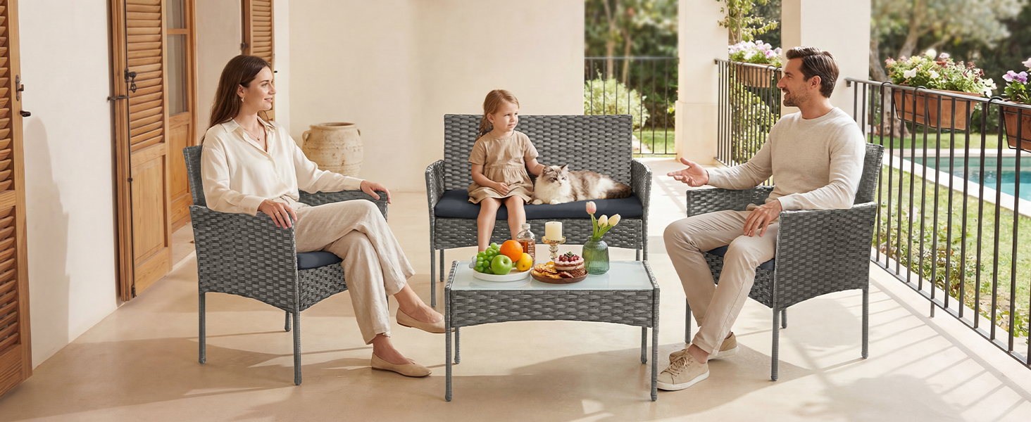 Набір садових меблів SONGMICS 4-х місний, з PE-ратан, для тераси та балкону, сірий (GGF004TZ01)