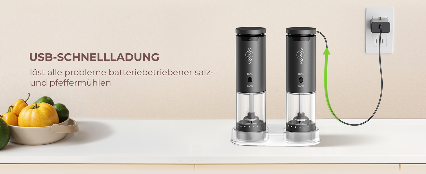 Електричні млини для солі та перцю Sangcon, 2 швидкості, акумуляторні, 6 ступенів помолу, автоматичний набір з базою, для однієї руки (сірий)