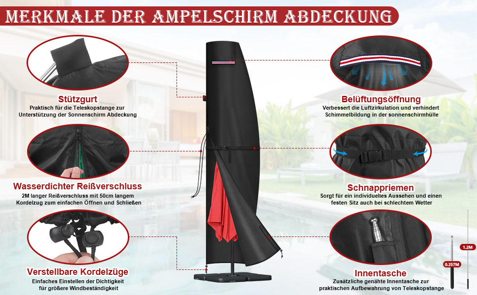 Захисний чохол для парасольки/перголи LAMUNI, водонепроникний, для парасольки/перголи 3-5м, 220x40/70/50 см