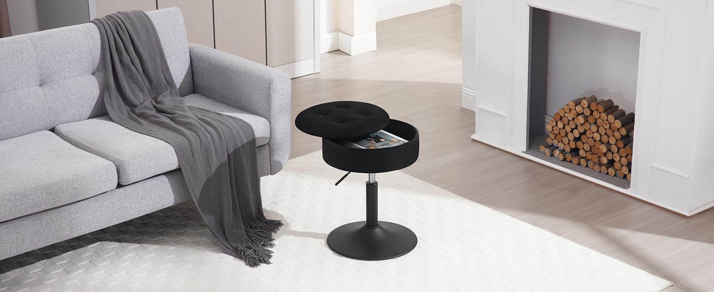 Крісло для туалетного столика WOLTU, пуф з місцем для зберігання, регульована висота, обтягнутий велюром, 360° обертання, для спальні, вітальні, їдальні, чорний, BH329sz-1