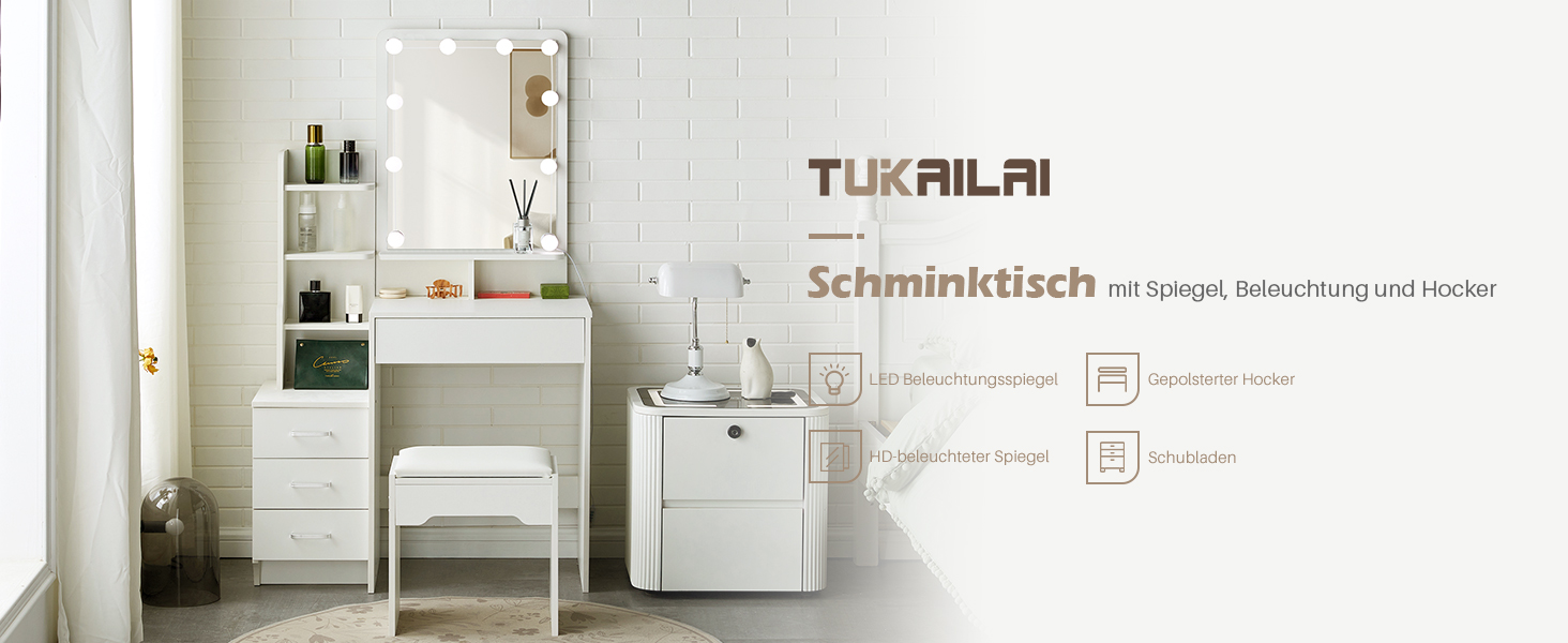 Тюльпанний туалетний столик TUKAILAI з LED-підсвічуванням та пуфом, дзеркало з 3 кольорами, компактний столик для макіяжу з шухлядою та відкритими полицями, 87x40x149 см