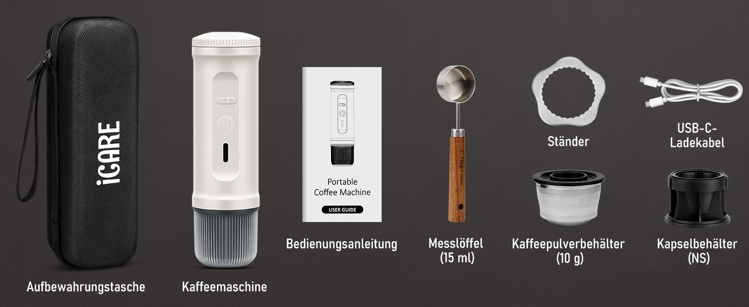 Портативна кавомашина ICARE з акумулятором, 2-в-1 для капсул NS та меленої кави, самонагріваюча, USB-C, індикатор заряду, для кемпінгу, подорожей та в дорогу (білий)