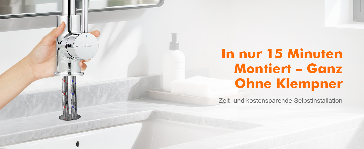 Змішувач для ванної кімнати GRIFEMA, одноlever, нержавіюча сталь, 180 мм, 3/8″, для гостей, G1002A (срібний)