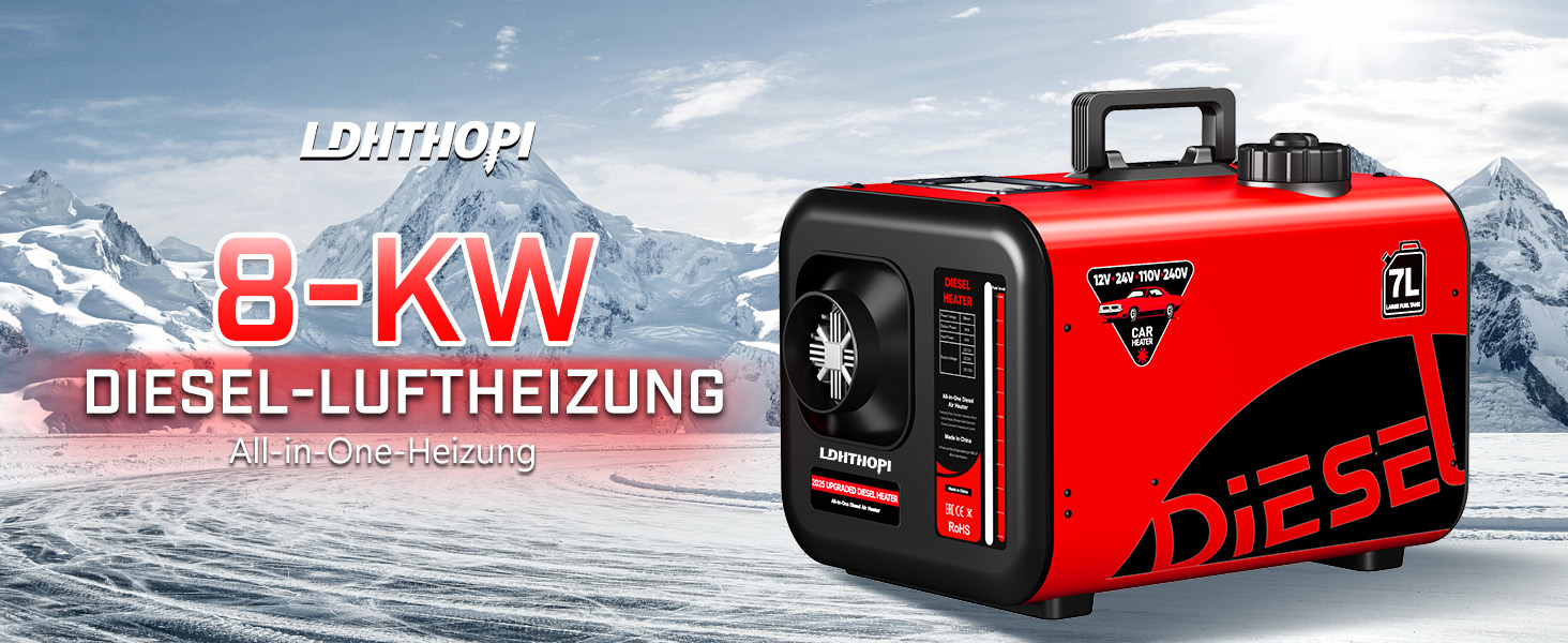 Дизельний опалювач LDHTHOPI 8 кВт, 12/24V з таймером, LCD-дисплеєм та пультом керування, швидким нагрівом 4.5л, для гаража, кемпінгу, автодому (червоний, 7л)