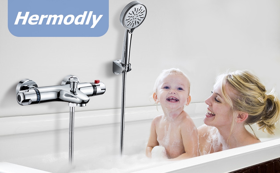 Змішувач для ванни з термостатом, накладний, хром, латунь, з кнопкою безпеки 38°C, для ванни