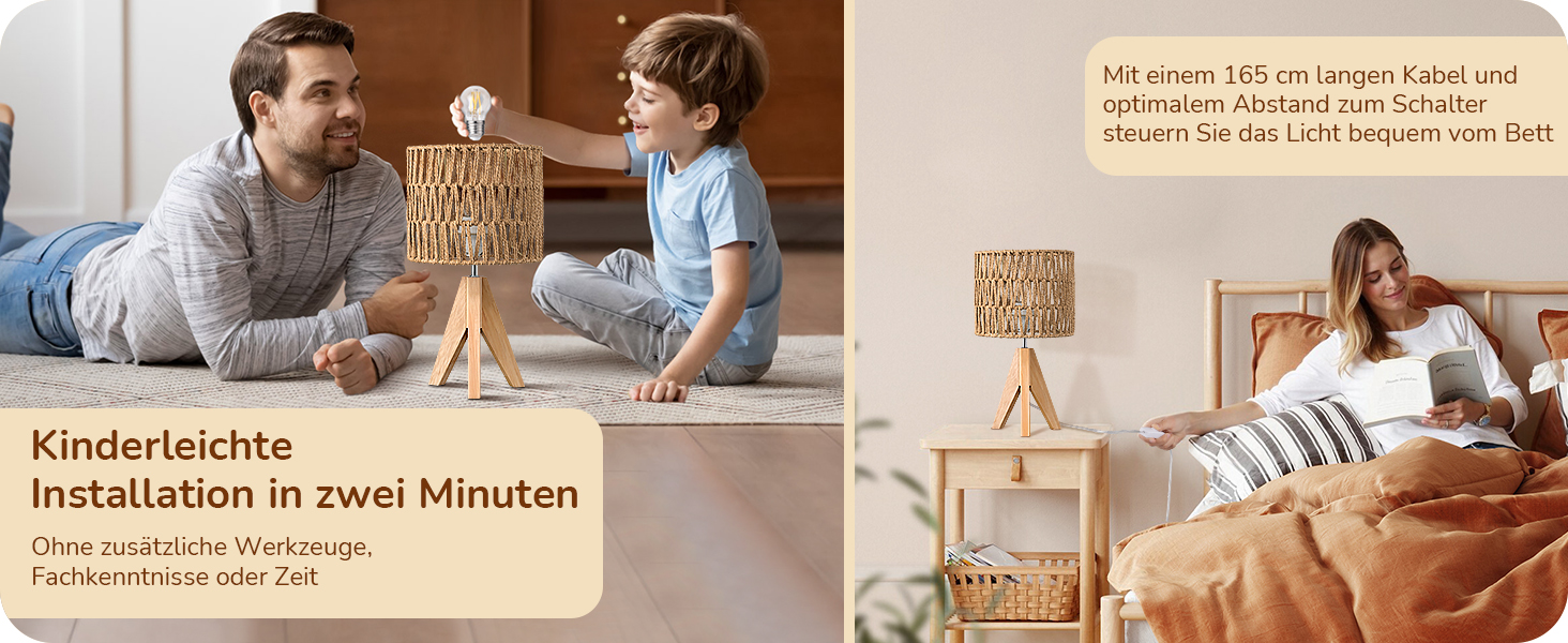 LED настільна лампа EDISHINE з абажуром з ручної роботи, дерев'яною ніжкою, тепле світло 2700K, бохо-стиль, для спальні, вітальні, готелю, з лампочкою E27 4W