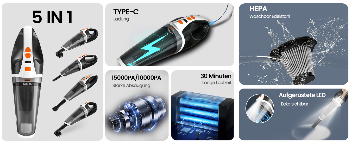 Ручний пилосос TANYO Акумулятор 5 в 1, 15000 Па/10000 Па 2-швидкісний автомобільний пилосос Strong зі світлодіодним світлом, портативний ручний пилосос для вологого/сухого прибирання акумуляторний для автомобіля, дому, кухні, шерсті домашніх тварин (білий помаранчевий)