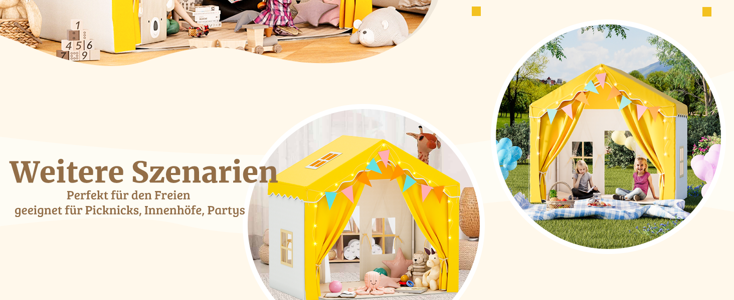 Дитяче намет-будиночок EROMMY 2-в-1 з килимком, прапорцями та світлодіодними смугами, з двома дверцятами, з даховим віконцем, для дому, від 3 років (Жовтий)