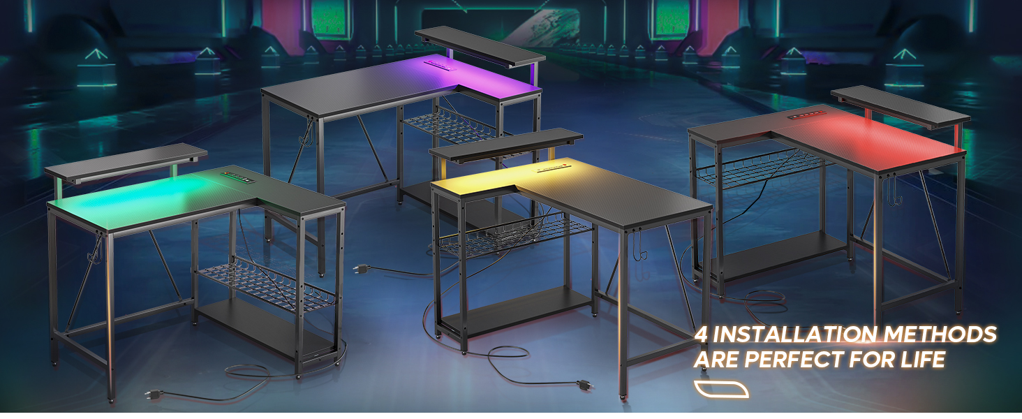 Ігровий кутовий стіл Bestier L-подібної форми з LED-підсвічуванням, розетками, 2 полицями та гачками – кутовий стіл для комп'ютера, офісу, спальні та геймінгу 106 x 80 см, 3D-вуглецеве волокно чорного кольору