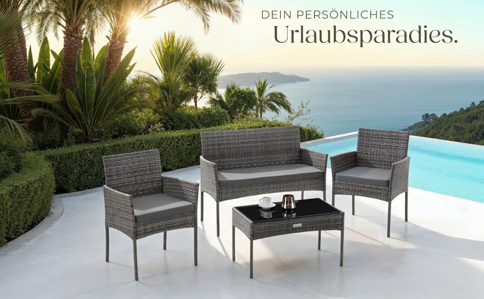 Набір садово-розкладних меблів tectake® з ротангу: банкетка, 2 крісла, столик, подушки, для балкона/тераси (сірий)