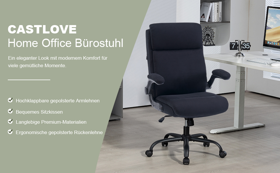 Органомічний офісний стілець CASTLOVE з підйомними підлокітниками, високою спинкою та функцією гойдання. Макс. вантажопідйомність 150 кг (Чорний, тканина)