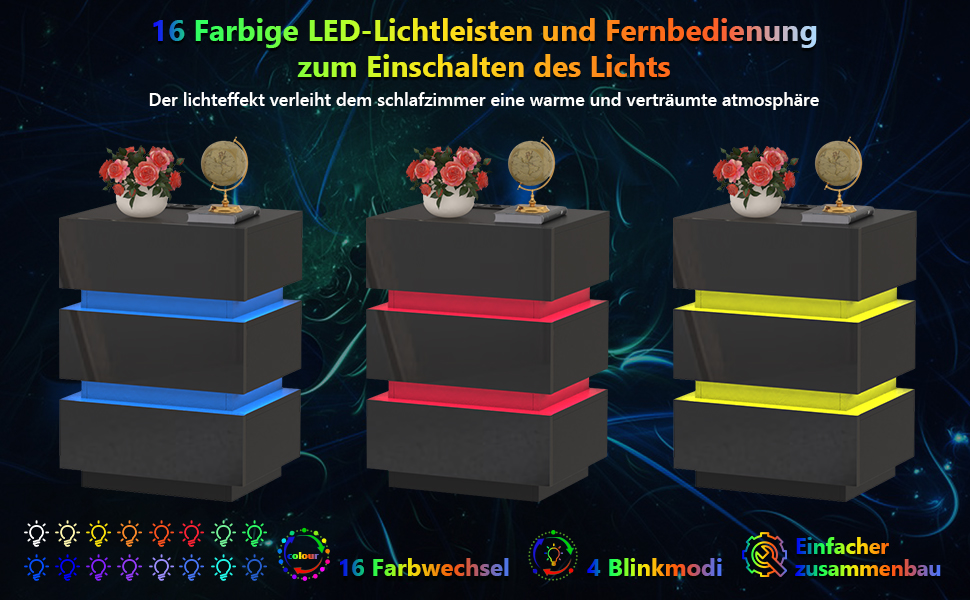 Нічний столик з розеткою та LED, нічний комод з функцією зарядки та USB, 2 шт. (45x35x46/62 см, чорний)