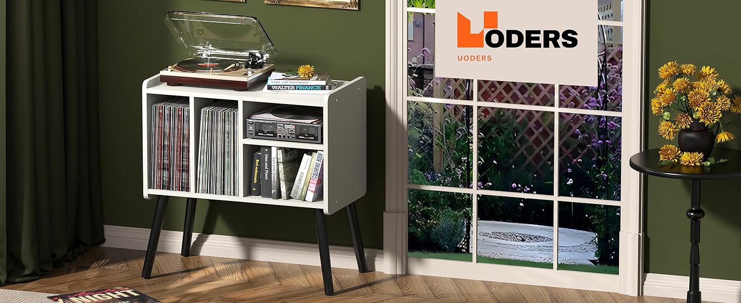 Стіл для програвача вінілу, підставка для програвача в стилі середини століття з місцем для зберігання до 150+ платівок, шафа для вінілових платівок з регульованими полицями (білий)