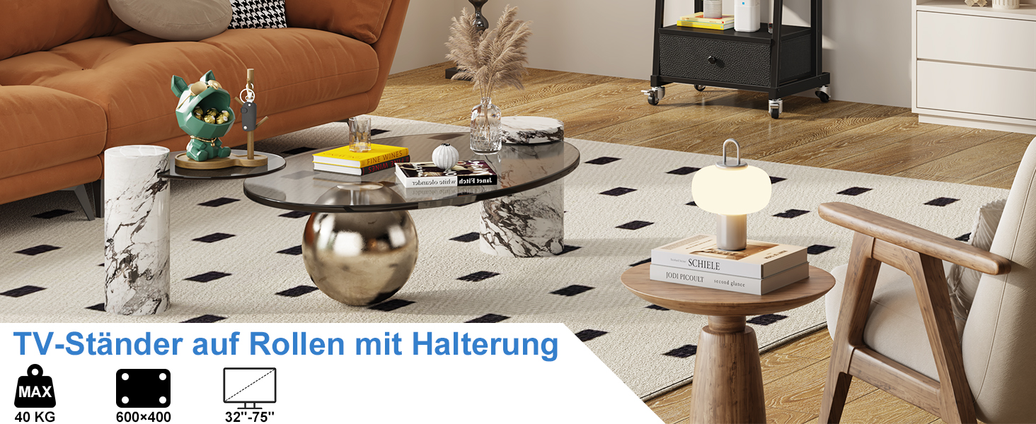 Підставка для телевізора на колесах з ящиком, чорна, 140 см. Підходить для телевізорів 32-75 дюймів