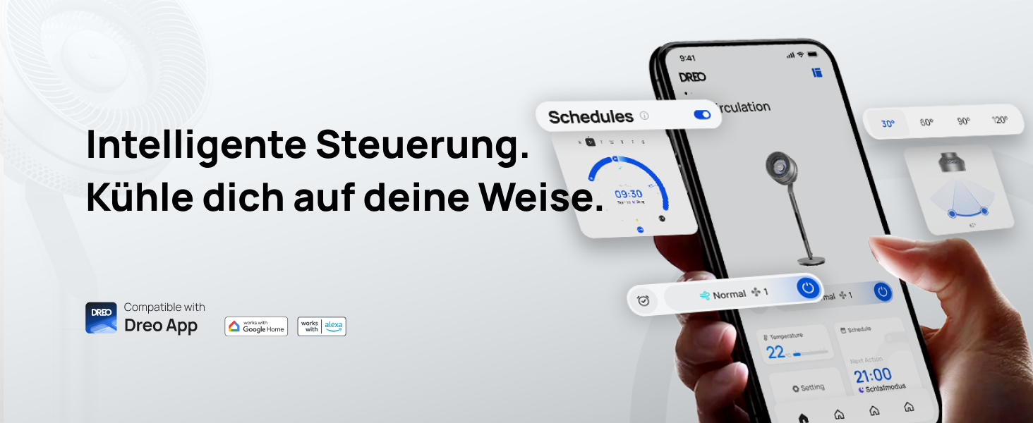 Вентилятор Dreo з інтелектуальним керуванням, 101.6-111.8 см, регульована висота, тихий DC вентилятор для спальні, 120°+85° осциляція, 30.5 м³/хв, срібний
