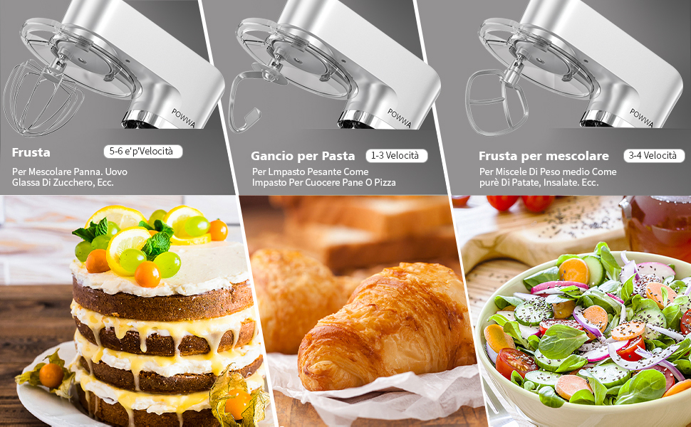 Кухонна машина POWWA 5.5L з 6 швидкостей, 1500W, для замішування тіста, з міксером, гаком для тіста та захистом від бризок (срібна)