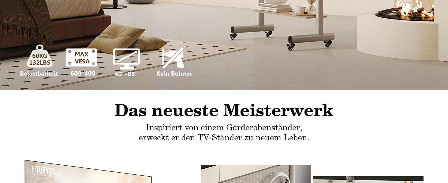 Підставка для телевізора FITUEYES на колесах, регульована по висоті, для 40-85 дюймів, VESA 600x400, 60 кг, бежева