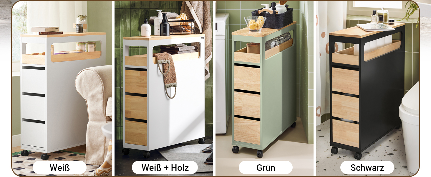 Шафка для ванної кімнати SoBuy з колесами, вузька шафка з 3 висувними ящиками, компактна тумбочка з дерева, навісна шафка для маленьких ванних кімнат, туалетів та кухонь, біла, 65x23x82 см, BZR54-W