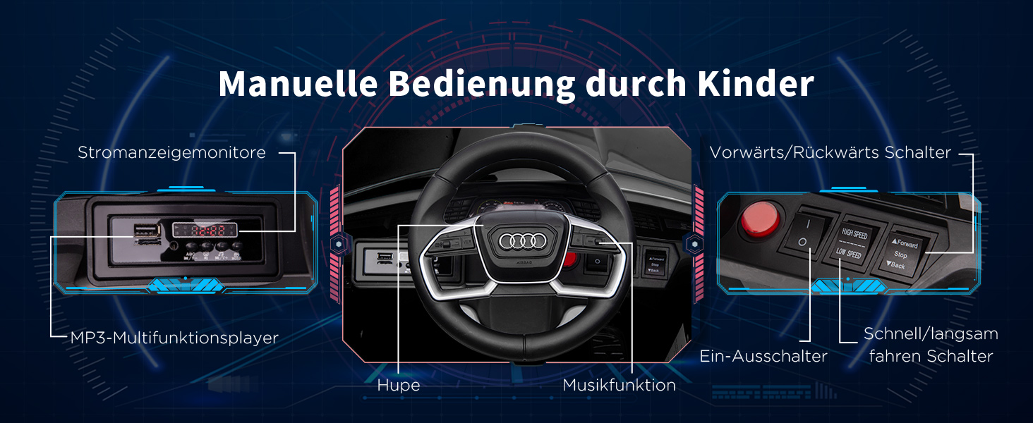 Дитячий електромобіль Audi E-tron 12V HOMCOM, з пультом, ременем безпеки, музикою (MP3/USB/TF), для дітей 3-5 років, чорний