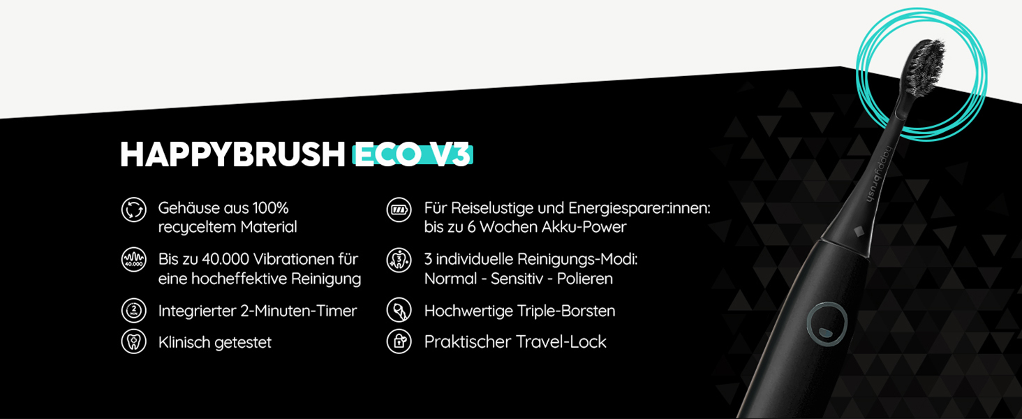 Електрична звукова зубна щітка happybrush® Eco Vibe 3+ – Чорний (Ocean) – Комплект з насадками, 2 роки гарантії