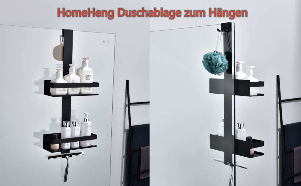 Настінна полиця для душу з 2 ящиками, SUS304 нержавіюча сталь, матовий чорний, з гачками, для скляних душових кабін