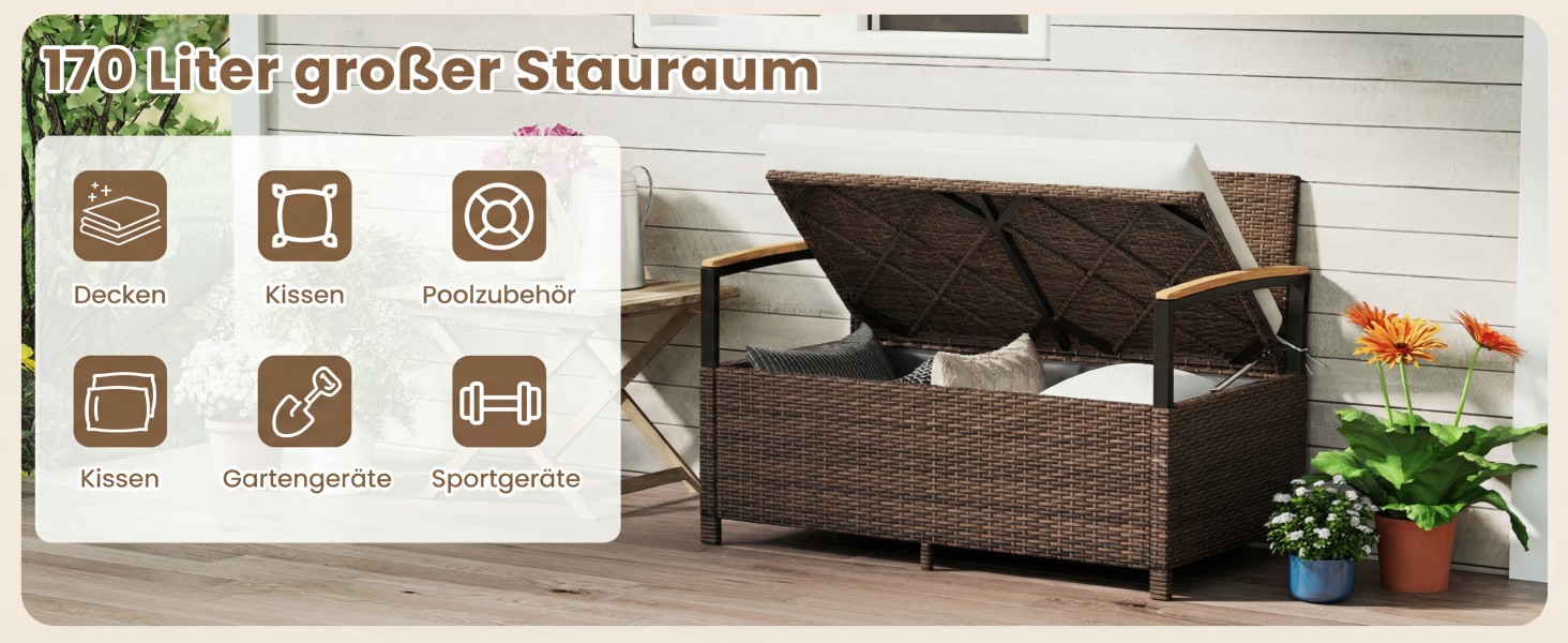 Лавка садова Costway з ротангу Polyrattan, з ящиком для зберігання, 2-місна, сіра (120x61x84 см) для балкона, тераси, саду з подушками