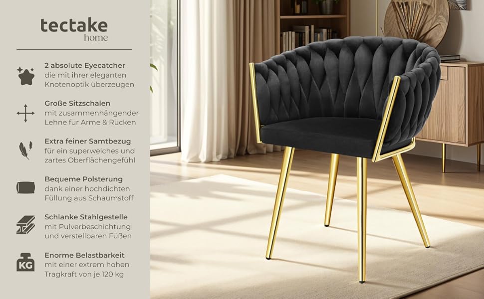 Крісла tectake® з оксамиту, комплект 2 шт., чорний/золотий, для вітальні, їдальні, туалетного столика