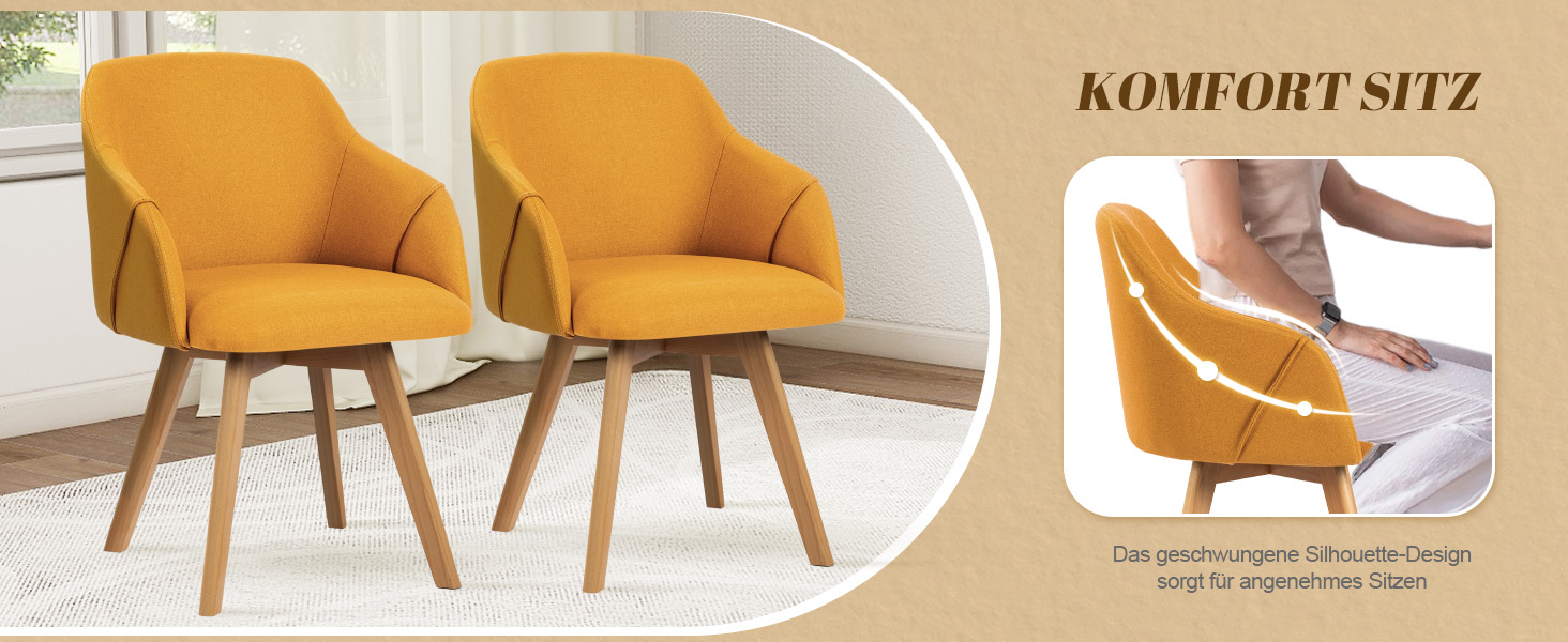 Обідальні стільці Bekrvio (2 шт) з обертанням та підлокітниками – 360° для їдальні, стільці до обіднього столу, обертаються, з м'яким сидінням, з дерев'яними ніжками з масиву бука, жовті, з тканини льон