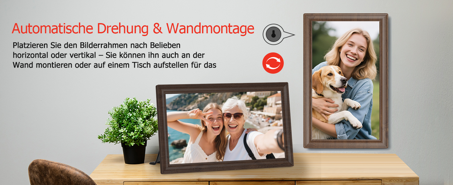 Цифровий фоторамка Frameo 10.1 дюйма з Wi-Fi, сенсорний IPS екран HD 1280*800, 32GB пам'яті, автоповорот, підтримка Frameo App для зручного обміну фото та відео, корпус з дерева (15.6 дюймів)