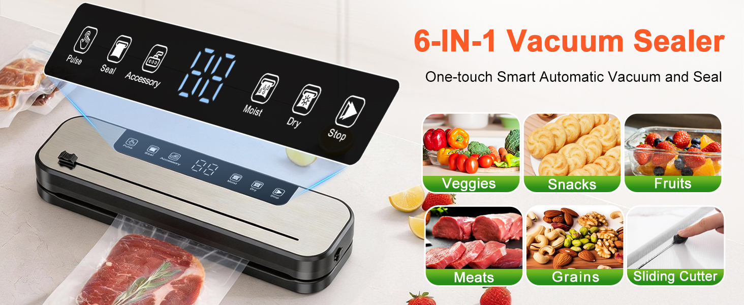 Вакууматор SHINER 6-в-1 для сухих та вологих продуктів, компактний вакуумний пакувальник з цифровим дисплеєм та набором пакетів, сріблястий