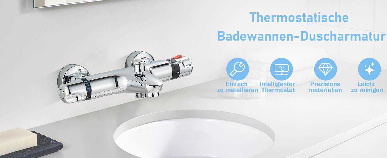 Змішувач для ванни з термостатом, настінний монтаж, хром. Змішувач для ванни та умивальника для ванної кімнати